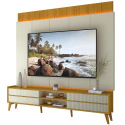 Painel Gelius Magnifico tecnológico e rack Magnifico 100% MDF com LED largura de 220 cm pés de madeira maciça Naturale OFF White