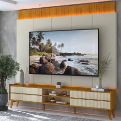 Painel Gelius Magnifico tecnológico e rack Magnifico 100% MDF com LED largura de 220 cm pés de madeira maciça Naturale OFF White