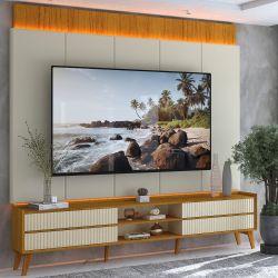 Painel Gelius Magnifico tecnológico e rack Magnifico 100% MDF com LED largura de 220 cm pés de madeira maciça Naturale OFF White