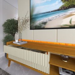 Painel Gelius Magnifico tecnológico e rack Magnifico 100% MDF com LED largura de 220 cm pés de madeira maciça Naturale OFF White