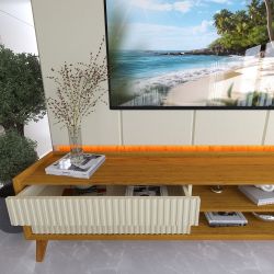 Painel Gelius Magnifico tecnológico e rack Magnifico 100% MDF com LED largura de 220 cm pés de madeira maciça Naturale OFF White