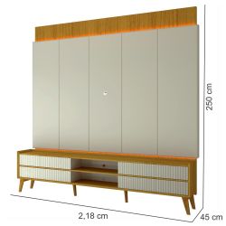 Painel Gelius Magnifico tecnológico e rack Magnifico 100% MDF com LED largura de 220 cm pés de madeira maciça Naturale OFF White