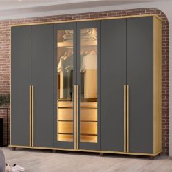 Guarda Roupa de Casal RV Móveis Bélgica 06 portas sendo 02 portas de vidro reflecta 4 gavetas co LED Cinamomo Grafite