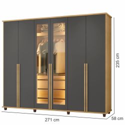 Guarda Roupa de Casal RV Móveis Bélgica 06 portas sendo 02 portas de vidro reflecta 4 gavetas co LED Cinamomo Grafite