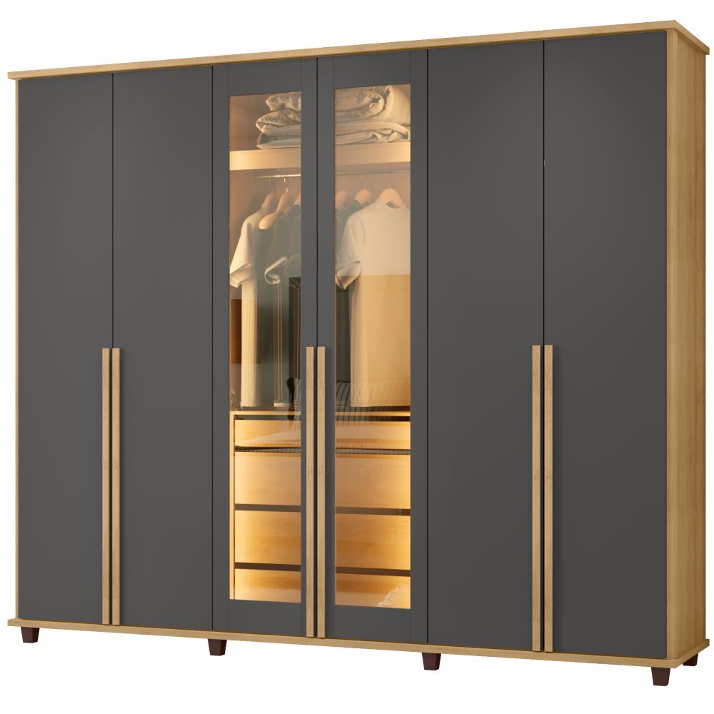 Guarda Roupa de Casal RV Móveis Bélgica 06 portas sendo 02 portas de vidro reflecta 4 gavetas co LED Cinamomo Grafite
