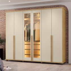 Guarda Roupa de Casal RV Móveis Bélgica 06 portas sendo 02 portas de vidro reflecta 4 gavetas co LED Cinamomo Off White