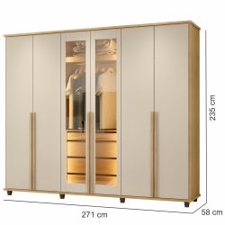 Guarda Roupa de Casal RV Móveis Bélgica 06 portas sendo 02 portas de vidro reflecta 4 gavetas co LED Cinamomo Off White