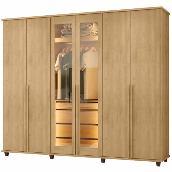 Guarda Roupa de Casal RV Móveis Bélgica 06 portas sendo 02 portas de vidro reflecta 4 gavetas co LED Cinamomo