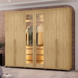 Guarda Roupa de Casal RV Móveis Bélgica 06 portas sendo 02 portas de vidro reflecta 4 gavetas co LED Cinamomo