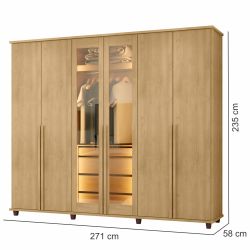 Guarda Roupa de Casal RV Móveis Bélgica 06 portas sendo 02 portas de vidro reflecta 4 gavetas co LED Cinamomo