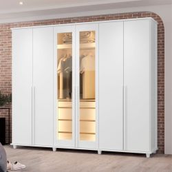 Guarda Roupa de Casal RV Móveis Bélgica 06 portas sendo 02 portas de vidro reflecta 4 gavetas co LED Branco