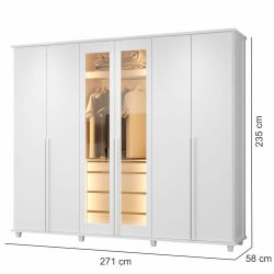 Guarda Roupa de Casal RV Móveis Bélgica 06 portas sendo 02 portas de vidro reflecta 4 gavetas co LED Branco