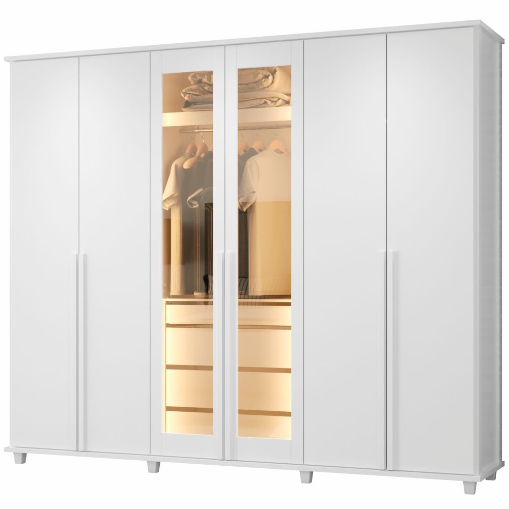 Guarda Roupa de Casal RV Móveis Bélgica 06 portas sendo 02 portas de vidro reflecta 4 gavetas co LED Branco
