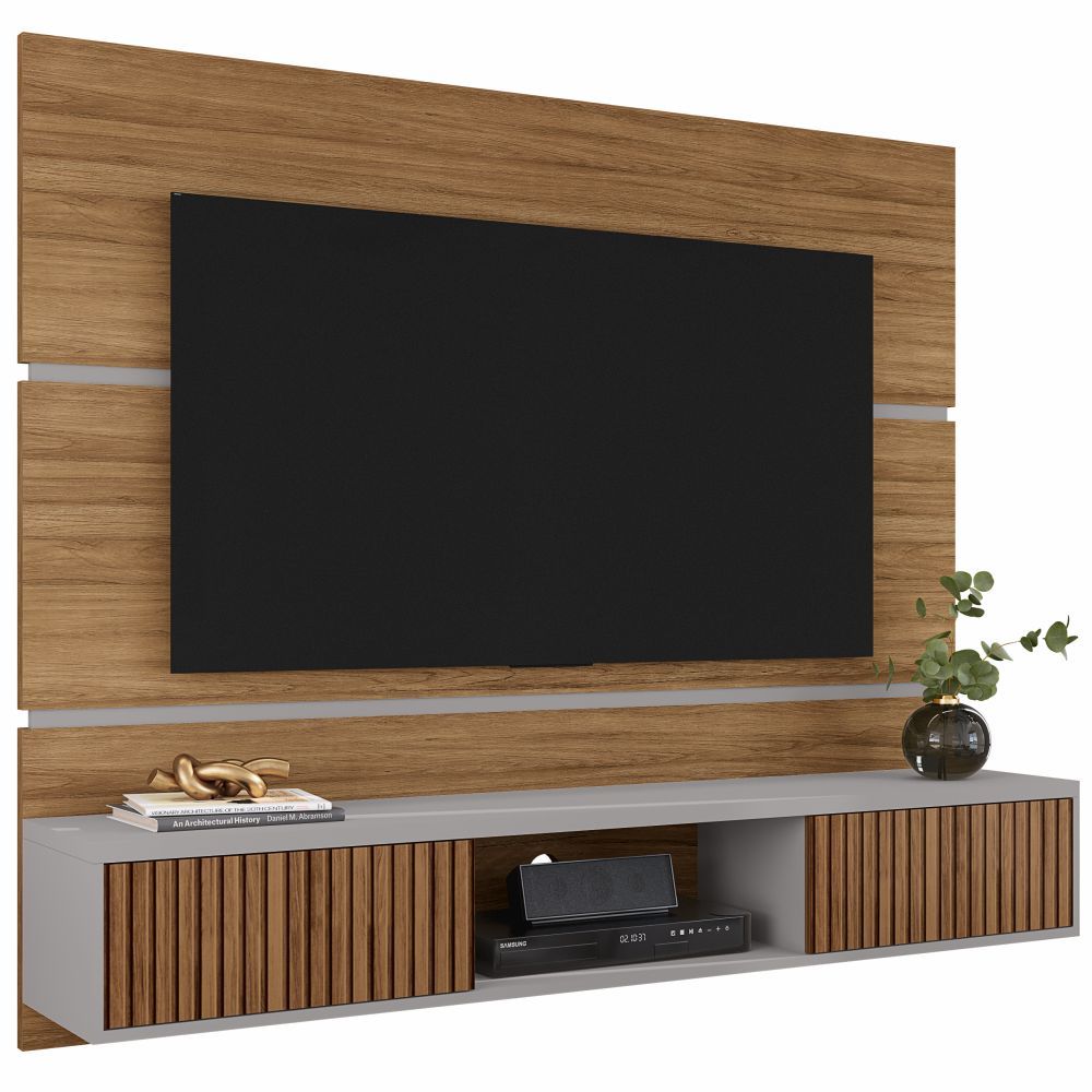 Painel Suspenso Bechara Ambar para TV até 65 polegadas largura 160 cm 2 portas ripado 3D Cinamomo OFF White