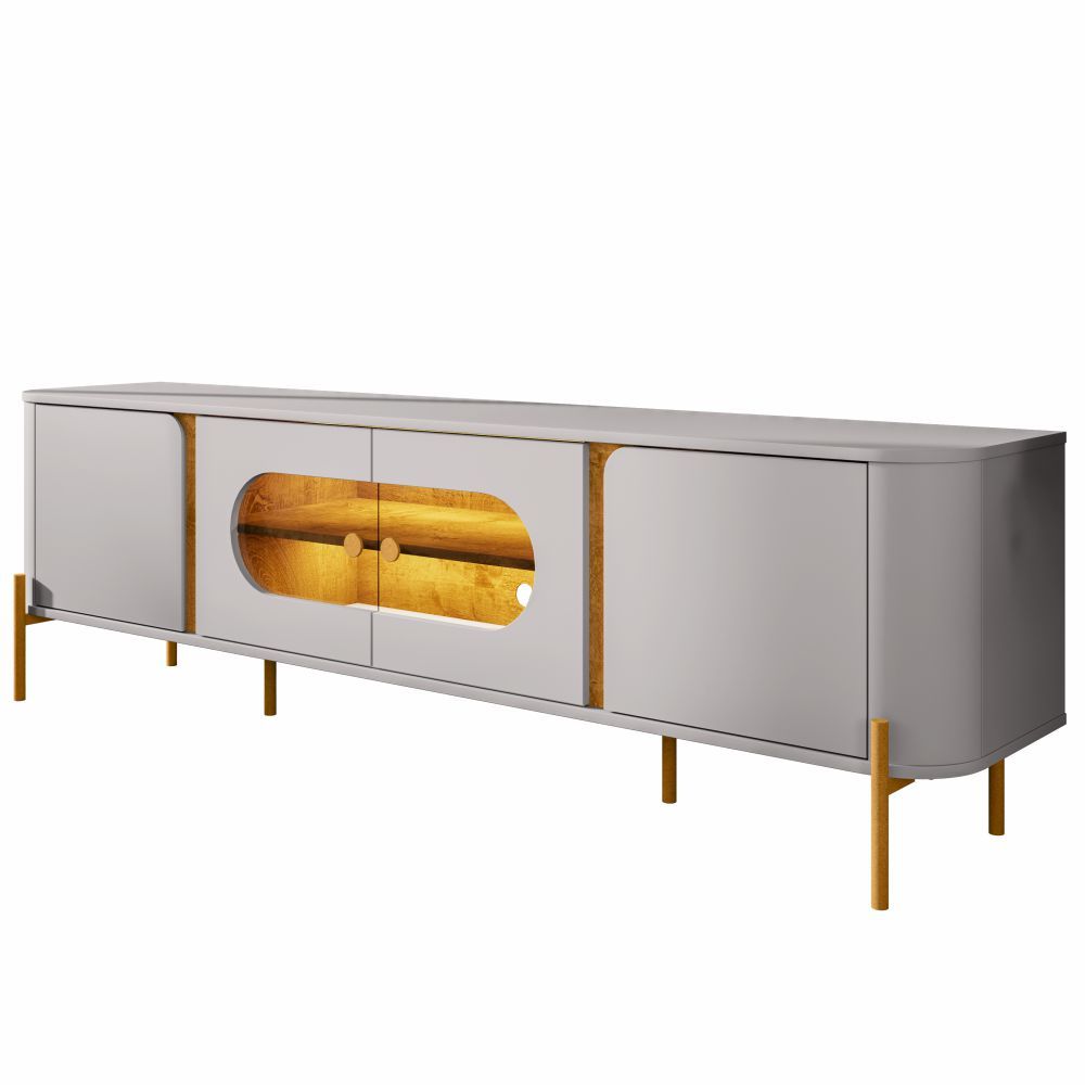 Rack Bancada Bechara Juquehy para sala de estar com LED porta com vidro reflecta para TV de 75 largura de 180 cm OFF White Naturale