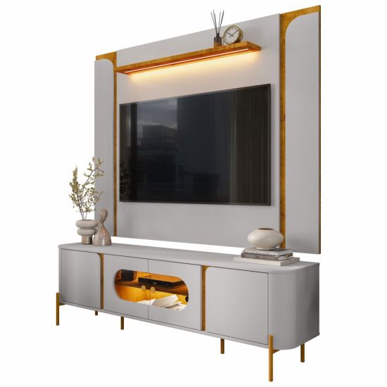 Painel Maresias com Rack Juquehy Bechara para TV de 75 polegadas Largura de 180 cm com LED e pés  OFF White Naturale