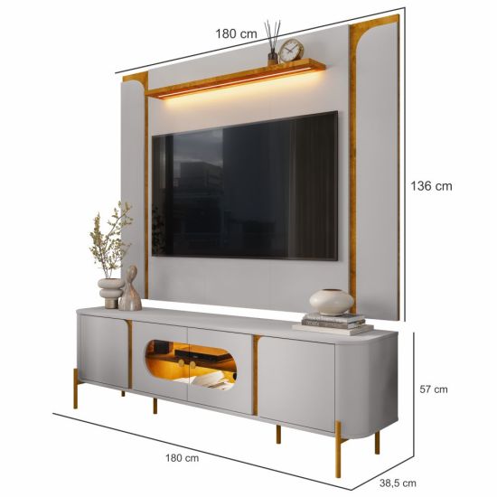 Painel Maresias com Rack Juquehy Bechara para TV de 75 polegadas Largura de 180 cm com LED e pés  OFF White Naturale
