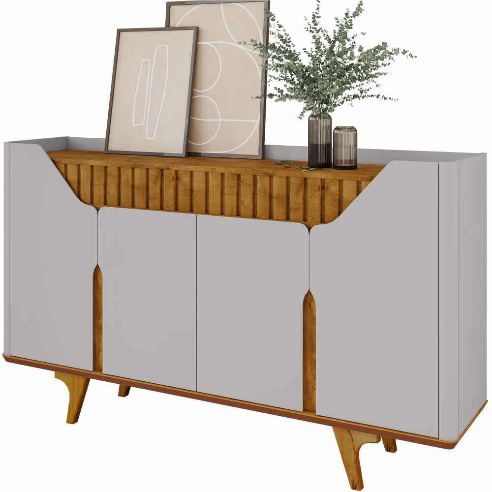 Aparador Buffet Balcão Bechara Tamisa ripado 4 portas largura de 160 cm cantos curvo OFF White Naturale