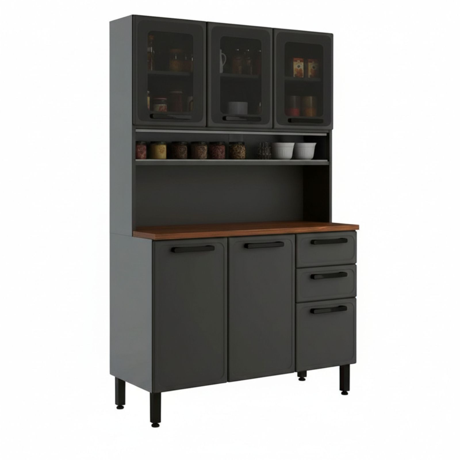 Kit Armário Cozinha em aço Bertolini Estilo 6 portas 2 gavetas largura de 120 cm com vidro 714683153 Grafite
