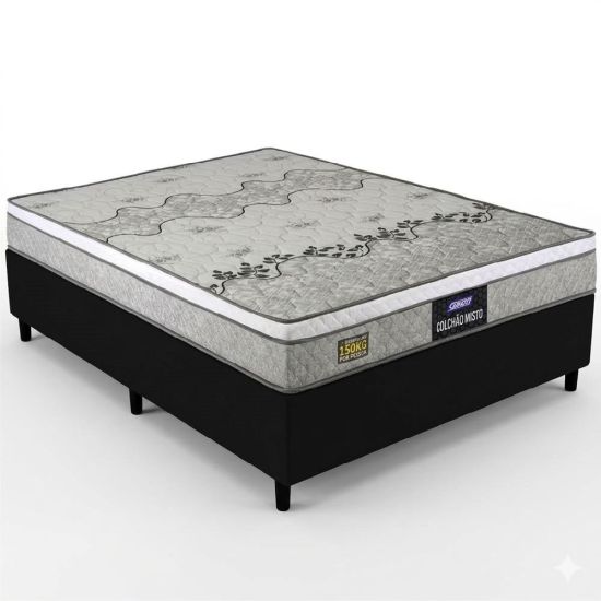 Cama Box de Casal Gazin Stone Sommier D33 altura de 60 cm e largura de 138 Cinza Preto  