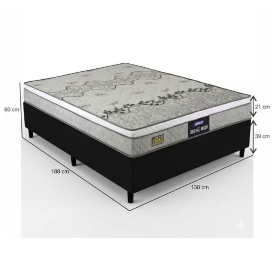 Cama Box de Casal Gazin Stone Sommier D33 altura de 60 cm e largura de 138 Cinza Preto  