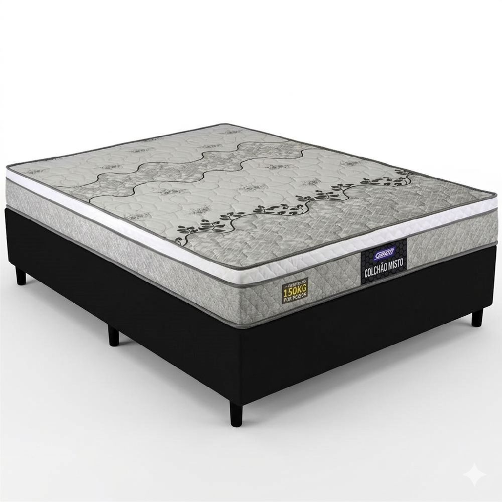 Cama Box de Casal Gazin Stone Sommier D33 altura de 60 cm e largura de 138 Cinza Preto  