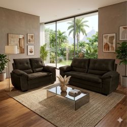 Sofá 3 e 2 lugares Hellen Premium Plus encosto alto tecido platinium Marrom Café