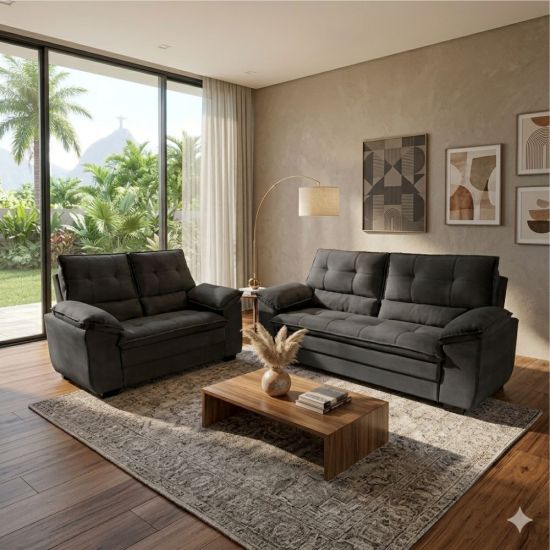 Conjunto de Sofá 3 e 2 lugares Hellen Premium Plus encosto alto tecido platinium Grafite
