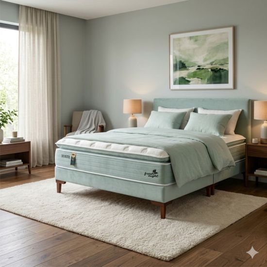 Cama Box Casal Queen 158 cm Hellen Fresh Night Pillow Top Molas e espuma Hypergel Verde Branco