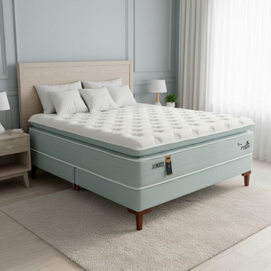 Cama Box Casal Queen 158 cm Hellen Fresh Night Pillow Top Molas e espuma Hypergel Verde Branco