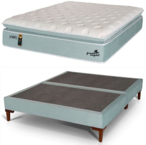Cama Box Casal Queen 158 cm Hellen Fresh Night Pillow Top Molas e espuma Hypergel Verde Branco