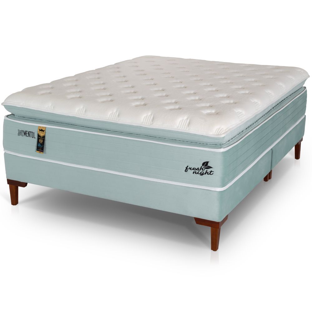Cama Box Casal Queen 158 cm Hellen Fresh Night Pillow Top Molas e espuma Hypergel Verde Branco