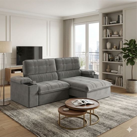 Sofá Retrátil e Reclinável Besthouse Stanley 3 lugares com porta-copos e cooler de 210 cm Chumbo 