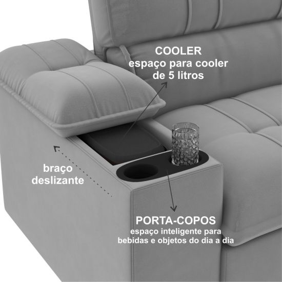 Sofá Retrátil e Reclinável Besthouse Stanley 3 lugares com porta-copos e cooler de 210 cm Chumbo 