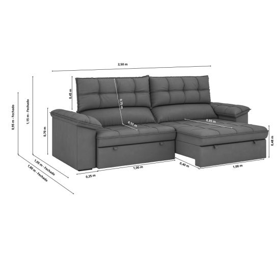 Sofá retrátil e reclinável BestHouse Milano em molas ensacadas individuais largura de 250 cm veludo cinza