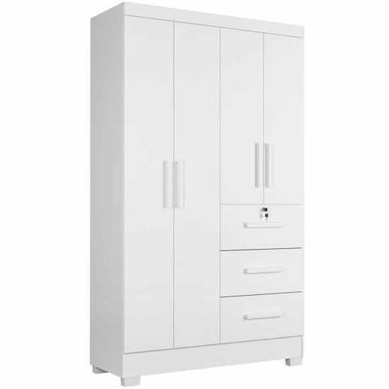 Guarda Roupas Solteiro J&A Móveis Tokio 4 portas 3 gavetas, montagem flex largura de 120 cm Branco Lilas  