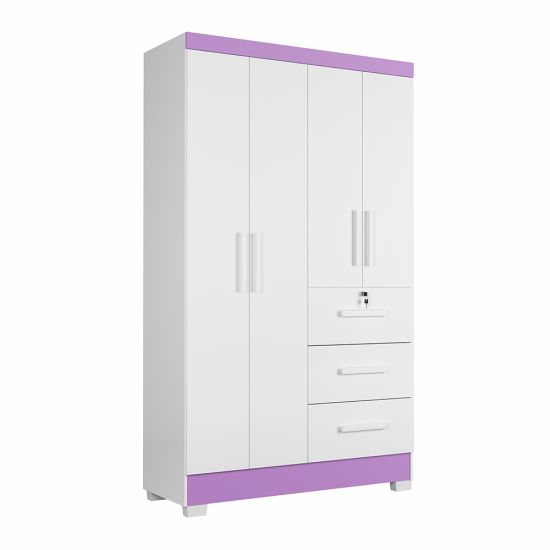 Guarda Roupas Solteiro J&A Móveis Tokio 4 portas 3 gavetas, montagem flex largura de 120 cm Branco Lilas  