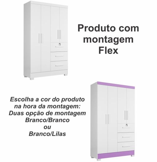 Guarda Roupas Solteiro J&A Móveis Tokio 4 portas 3 gavetas, montagem flex largura de 120 cm Branco Lilas  