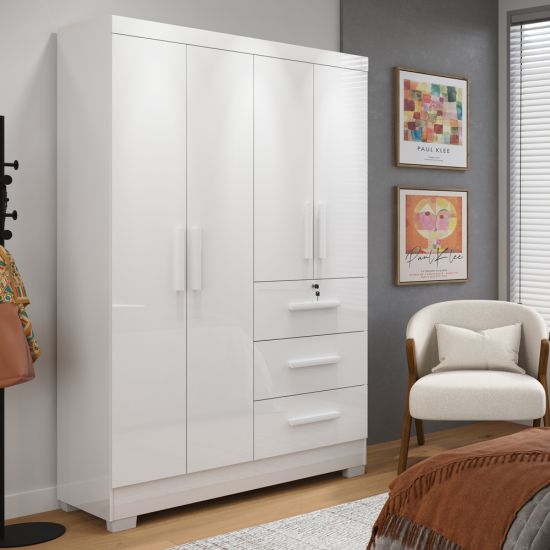 Guarda Roupas Solteiro J&A Móveis Tokio 4 portas 3 gavetas, montagem flex largura de 120 cm Branco Lilas  