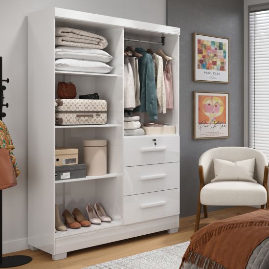 Guarda Roupas Solteiro J&A Móveis Tokio 4 portas 3 gavetas, montagem flex largura de 120 cm Branco Lilas  