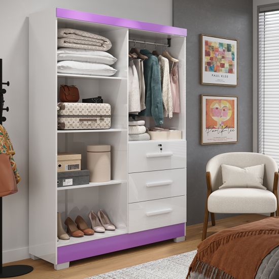 Guarda Roupas Solteiro J&A Móveis Tokio 4 portas 3 gavetas, montagem flex largura de 120 cm Branco Lilas  