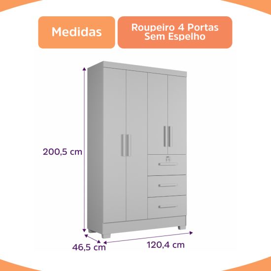 Guarda Roupas Solteiro J&A Móveis Tokio 4 portas 3 gavetas, montagem flex largura de 120 cm Branco Lilas  