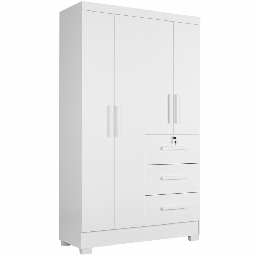 Guarda Roupas Solteiro J&A Móveis Tokio 4 portas 3 gavetas, montagem flex largura de 120 cm Branco Lilas  