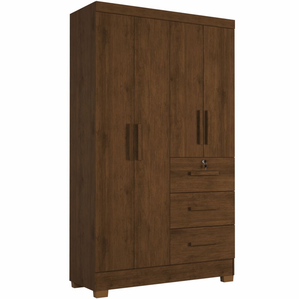 Guarda Roupas Solteiro J&A Móveis Tokio 4 portas 3 gavetas, com chave largura de 120 cm Jequitibá