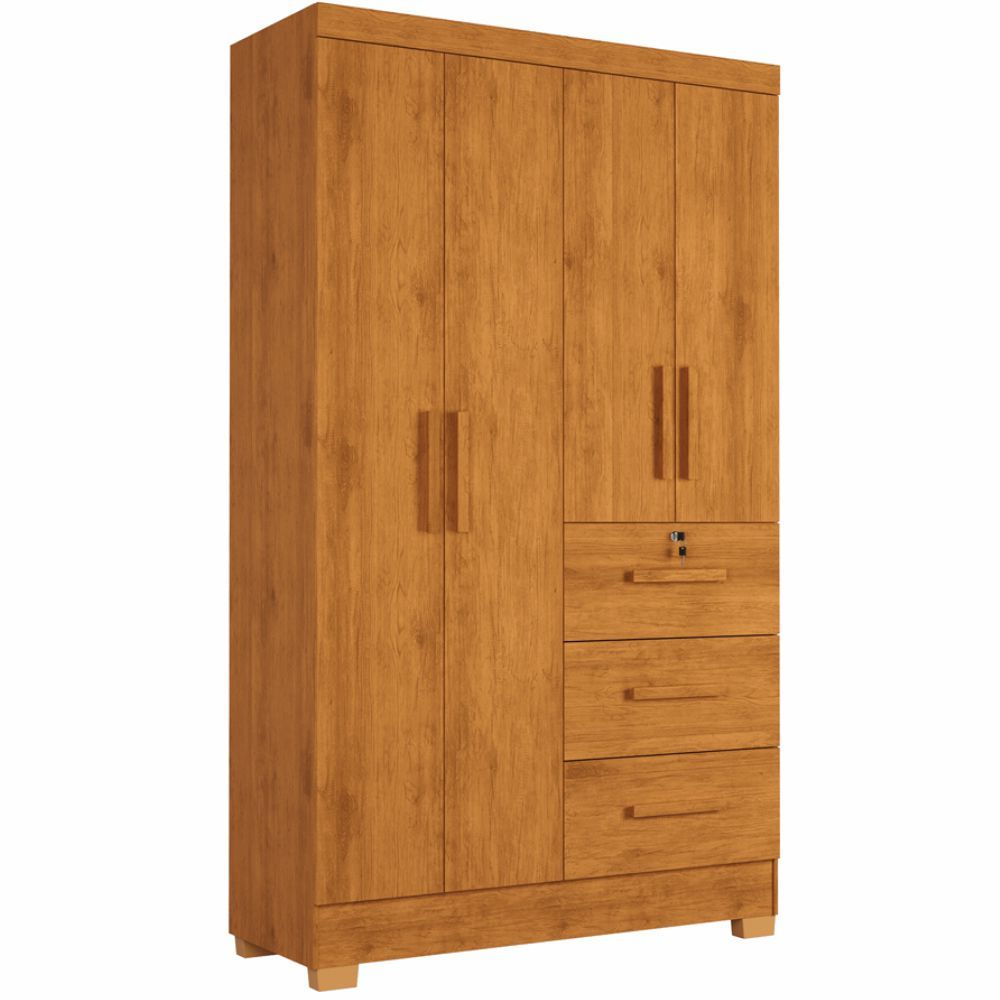 Guarda Roupas Solteiro J&A Móveis Tokio 4 portas 3 gavetas, com chave largura de 120 cm Nature 