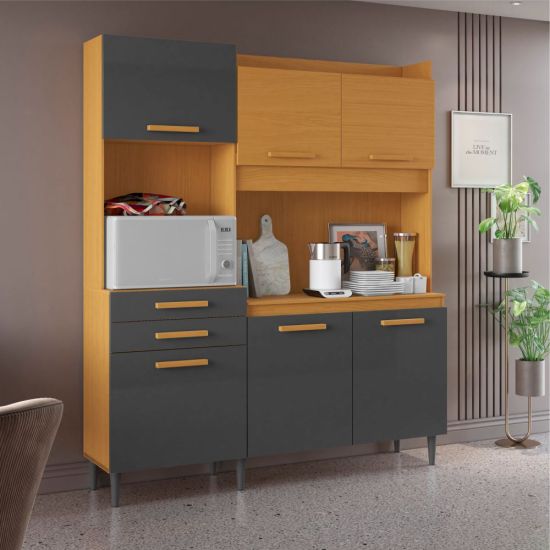 Armário de Cozinha Aramóveis Selena Select R2000445 06 portas 02 gavetas espaço para micro-ondas com 182 cm largura Cinamomo Grafite