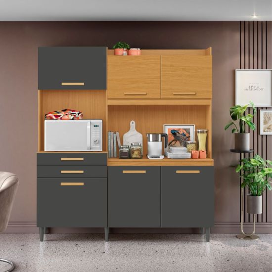 Armário de Cozinha Aramóveis Selena Select R2000445 06 portas 02 gavetas espaço para micro-ondas com 182 cm largura Cinamomo Grafite