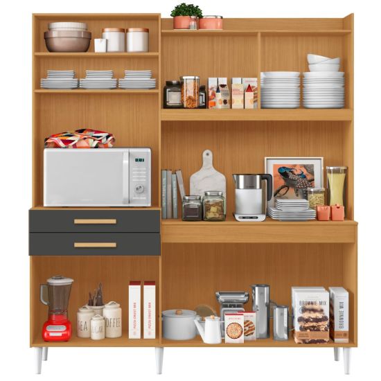 Armário de Cozinha Aramóveis Selena Select R2000445 06 portas 02 gavetas espaço para micro-ondas com 182 cm largura Cinamomo Grafite