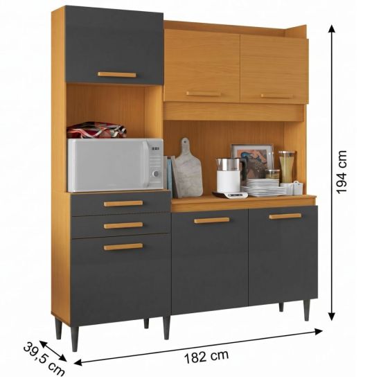 Armário de Cozinha Aramóveis Selena Select R2000445 06 portas 02 gavetas espaço para micro-ondas com 182 cm largura Cinamomo Grafite