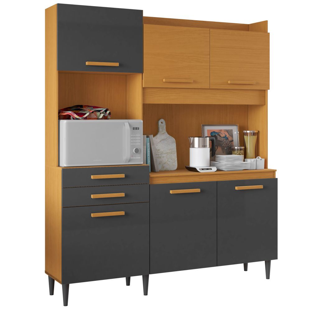 Armário de Cozinha Aramóveis Selena Select R2000445 06 portas 02 gavetas espaço para micro-ondas com 182 cm largura Cinamomo Grafite